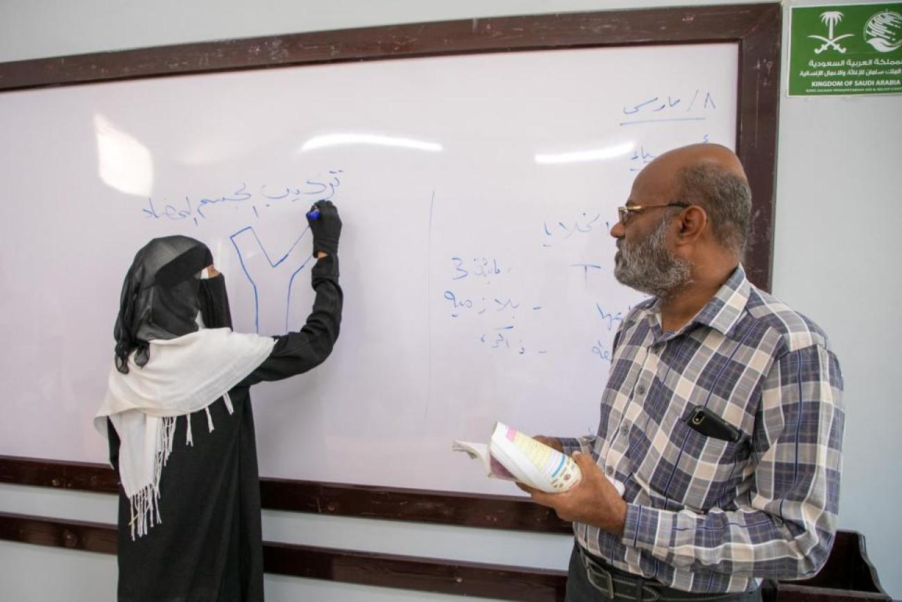 Fatima participates in a lesson in her new school in Hadramawt.